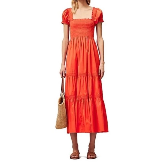 Tory Burch Smocked Midi Dress Poppy Red - Picture 1 of 8